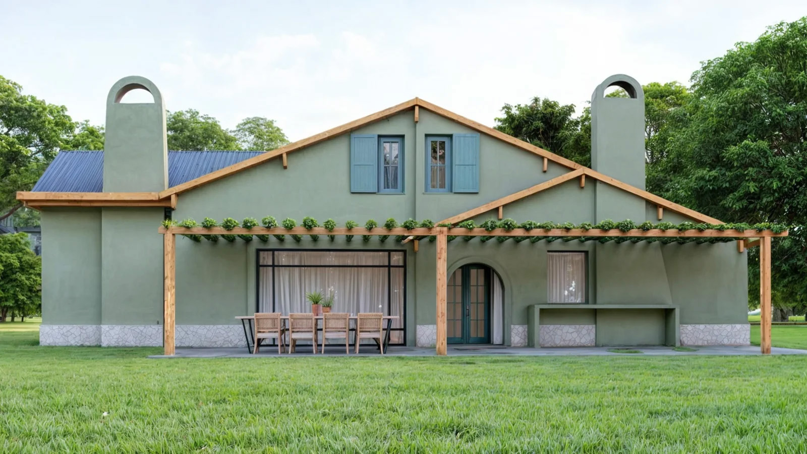 Fachada de suites, pérgola y espacio exterior en Canelo